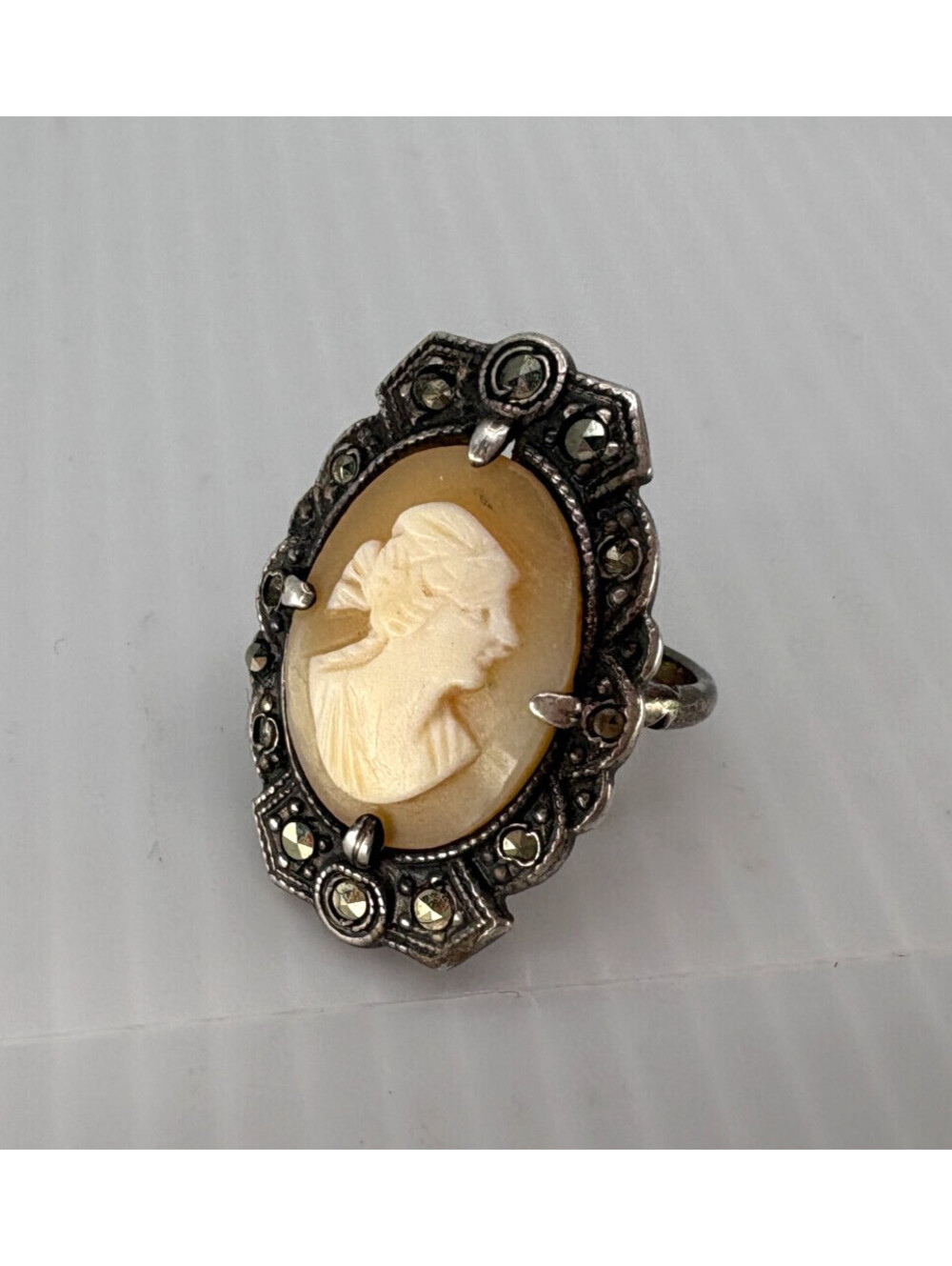 Oval Cameo Portrait Cocktail Ring Silver Tone Marcasite Art Deco Style